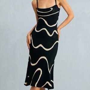 Rihoas The Black Wave Mermaid Hem Knit Midi Dress Size S